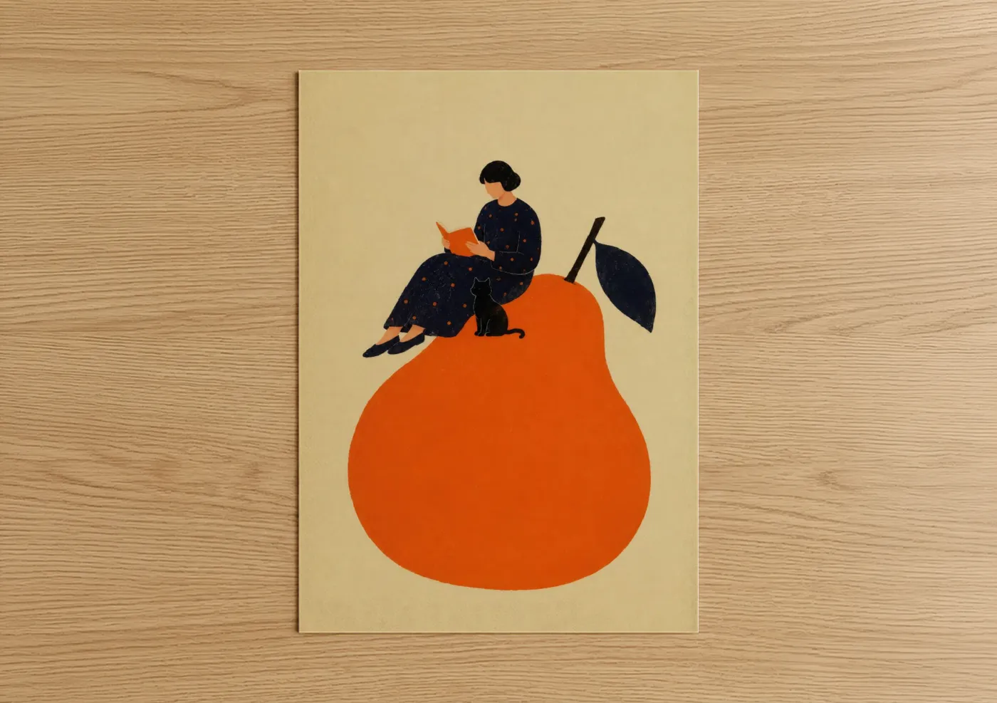Cat art print on warm oak wood — orange and beige palette — Woman Reading on Pear Wall Art poster