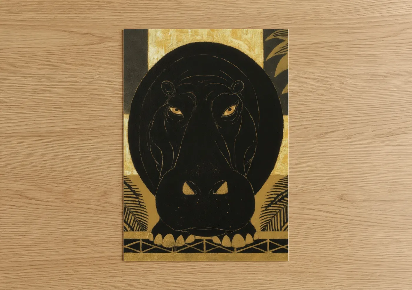 Art print on warm oak wood — gold and black and gold palette — Golden Hippo poster