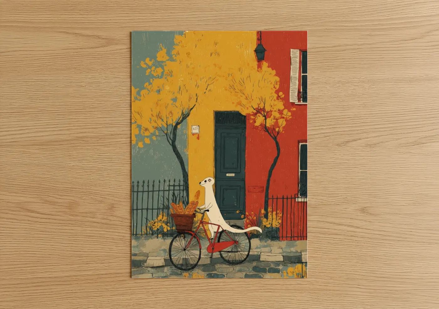 Whimsical Weasel on Bicycle Autumn Wall Art