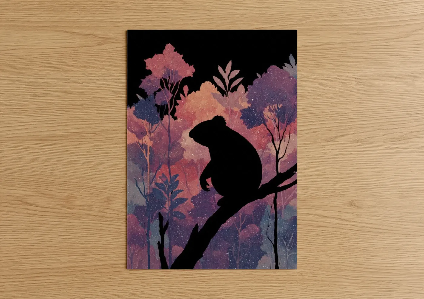 Art print on warm oak wood — maroon and purple palette — Twilight Koala poster