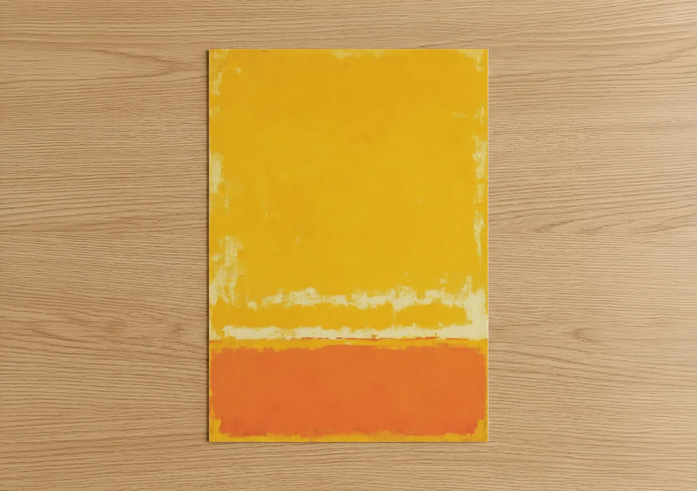 Abstract expressionism art print on warm oak wood — yellow gold and orange palette — Golden Horizon poster