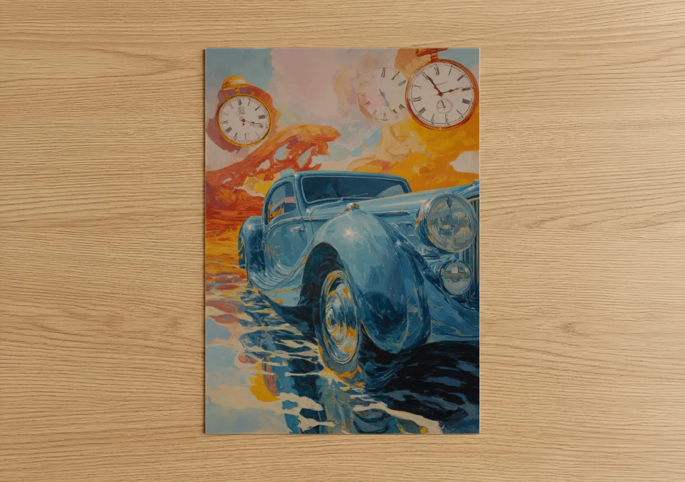 Surreal Blue Classic Car with Melting Time Wall Art