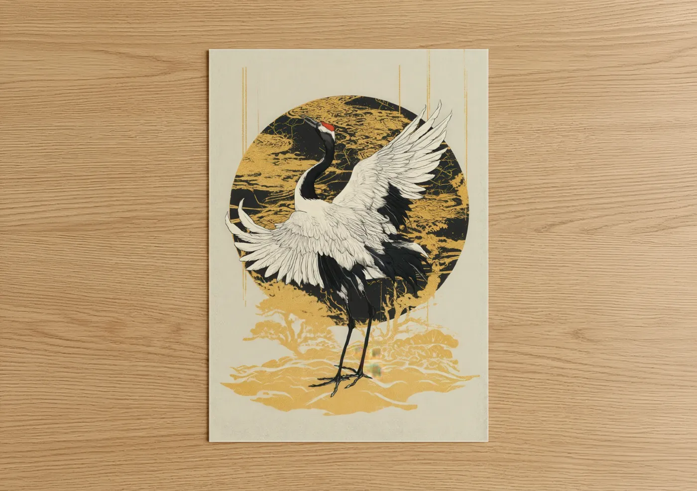 Art print on warm oak wood — gold and black and white palette — Golden Crane Dance poster