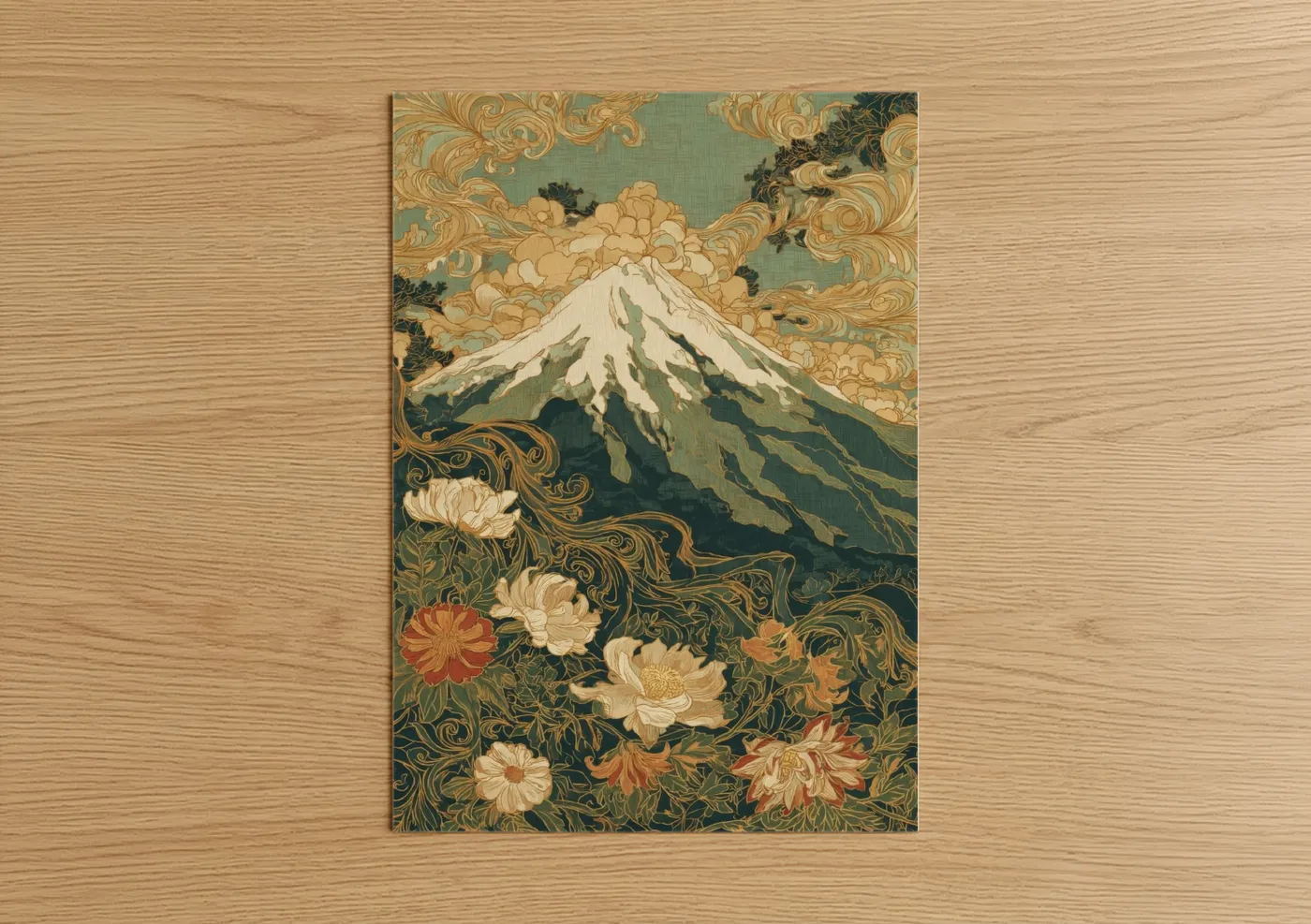 Art print on warm oak wood — gold and dark green palette — Ornate Mount Fuji poster