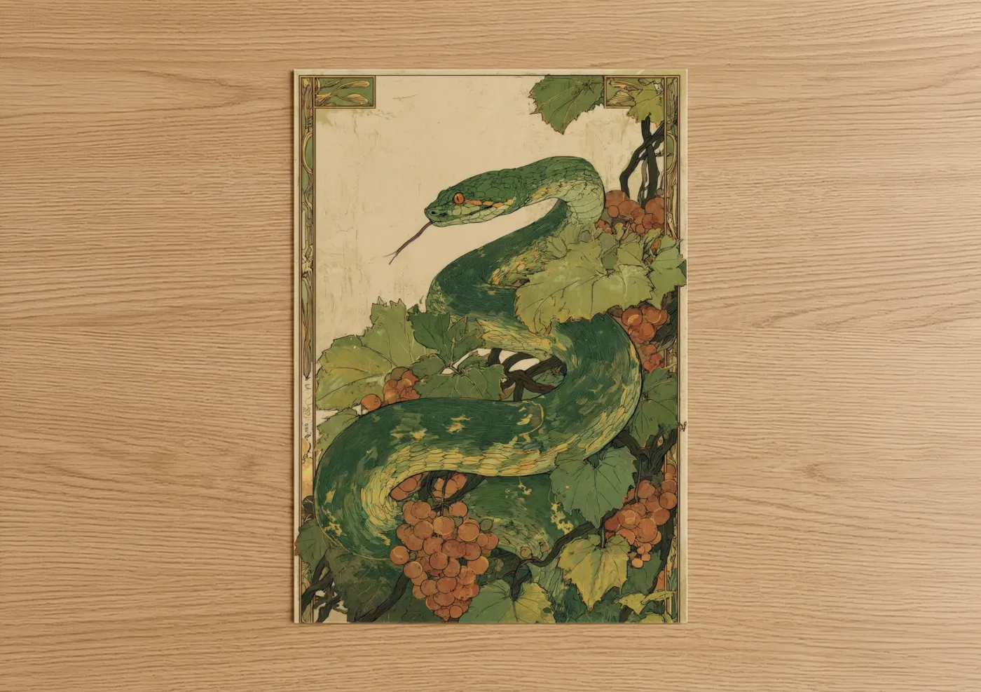 Golden Viper in Berries Art Nouveau Wall Art
