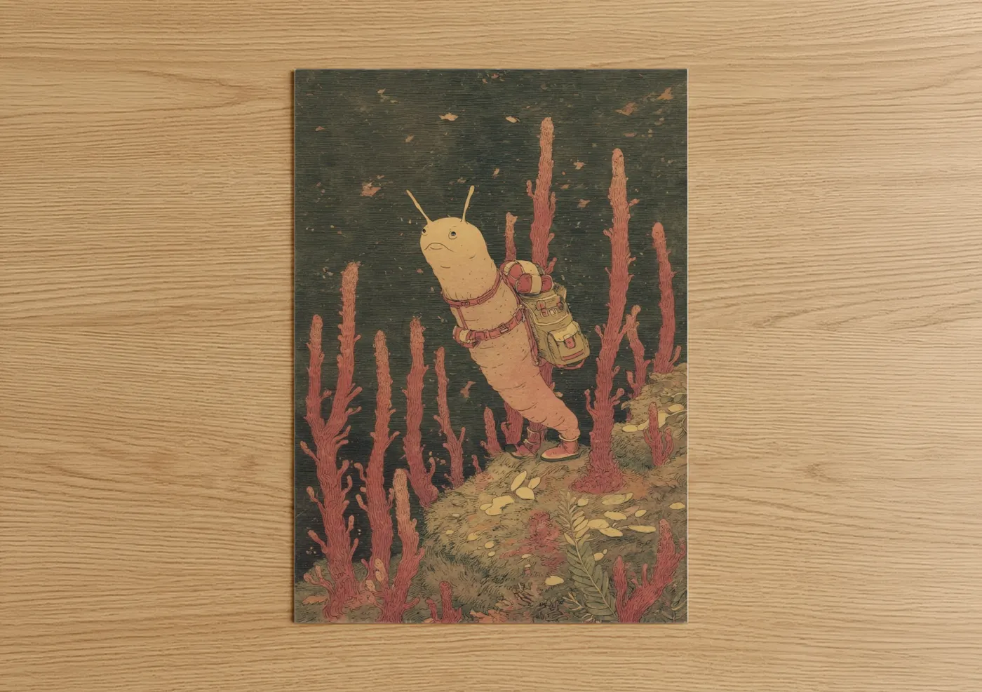 Art print on warm oak wood — sage green palette — Desert Wanderer Nudibranch poster