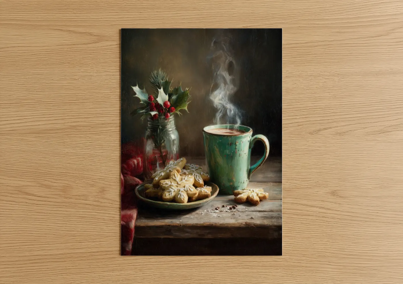 Art print on warm oak wood — gold and green palette — Festive Coffee Moment poster