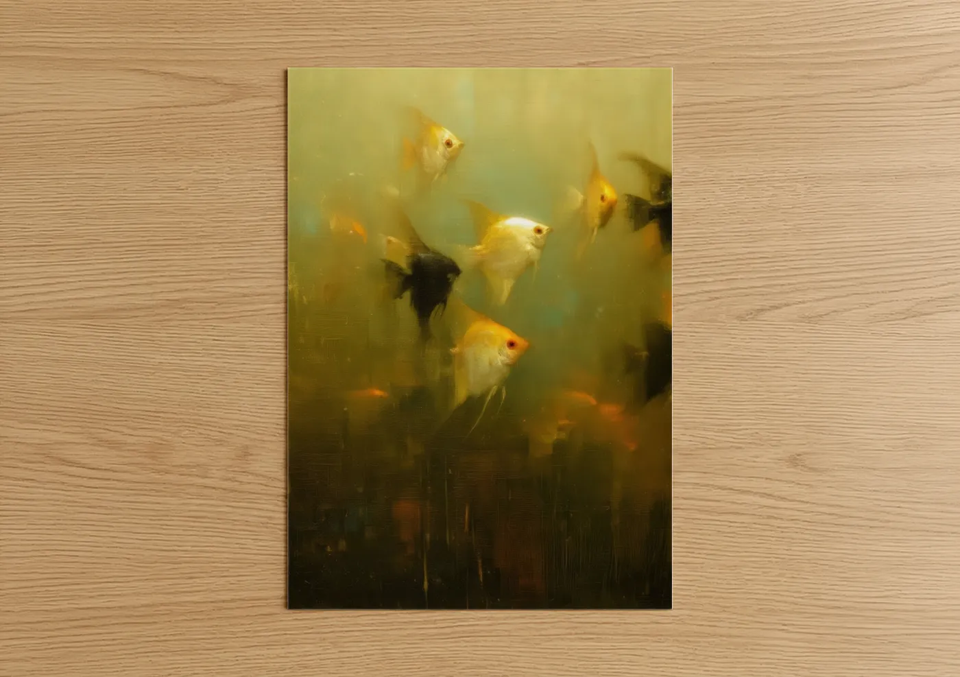 Art print on warm oak wood — yellow gold and olive palette — Golden Angel Fish poster