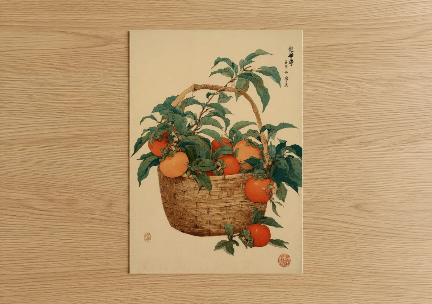 Fruit trees art print on warm oak wood — orange and dark green palette — Basket Tomatoes poster