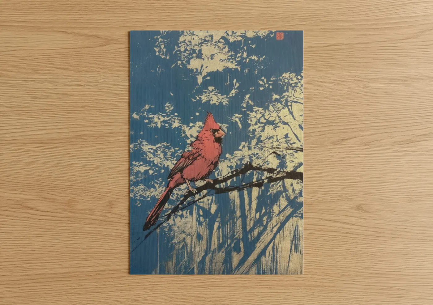 Red Cardinal on Branch Japanese Wall Art