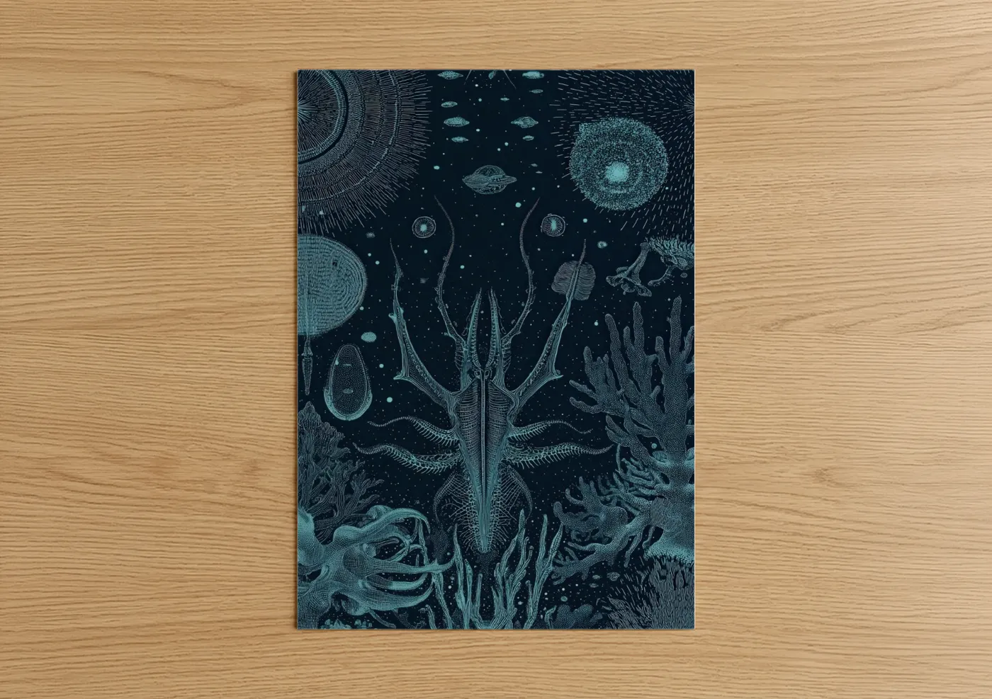 Extraterrestrial art print on warm oak wood — blue and teal palette — Cosmic Squid poster