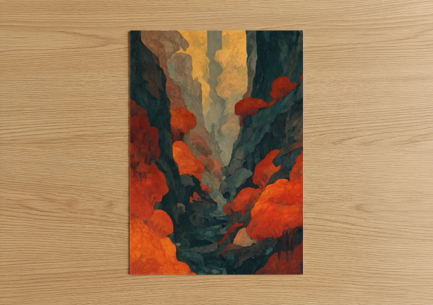 Art print on warm oak wood — gold and red palette — Crimson Canyon poster