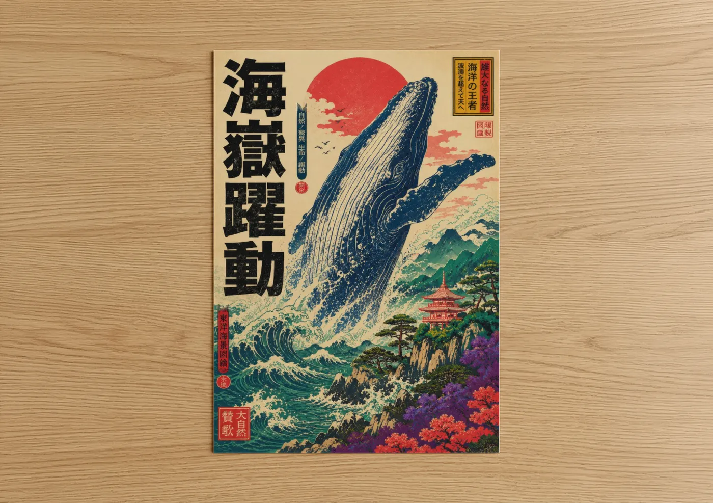 Art print on warm oak wood — blue and teal palette — Japanese Humpback Whale Ocean Wall Art poster