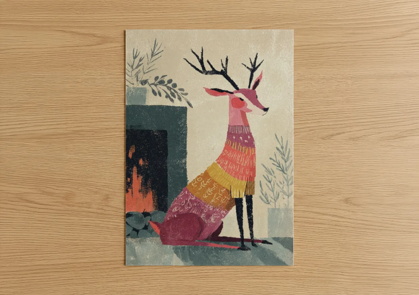 Art print on warm oak wood — cream and maroon palette — Festive Reindeer poster