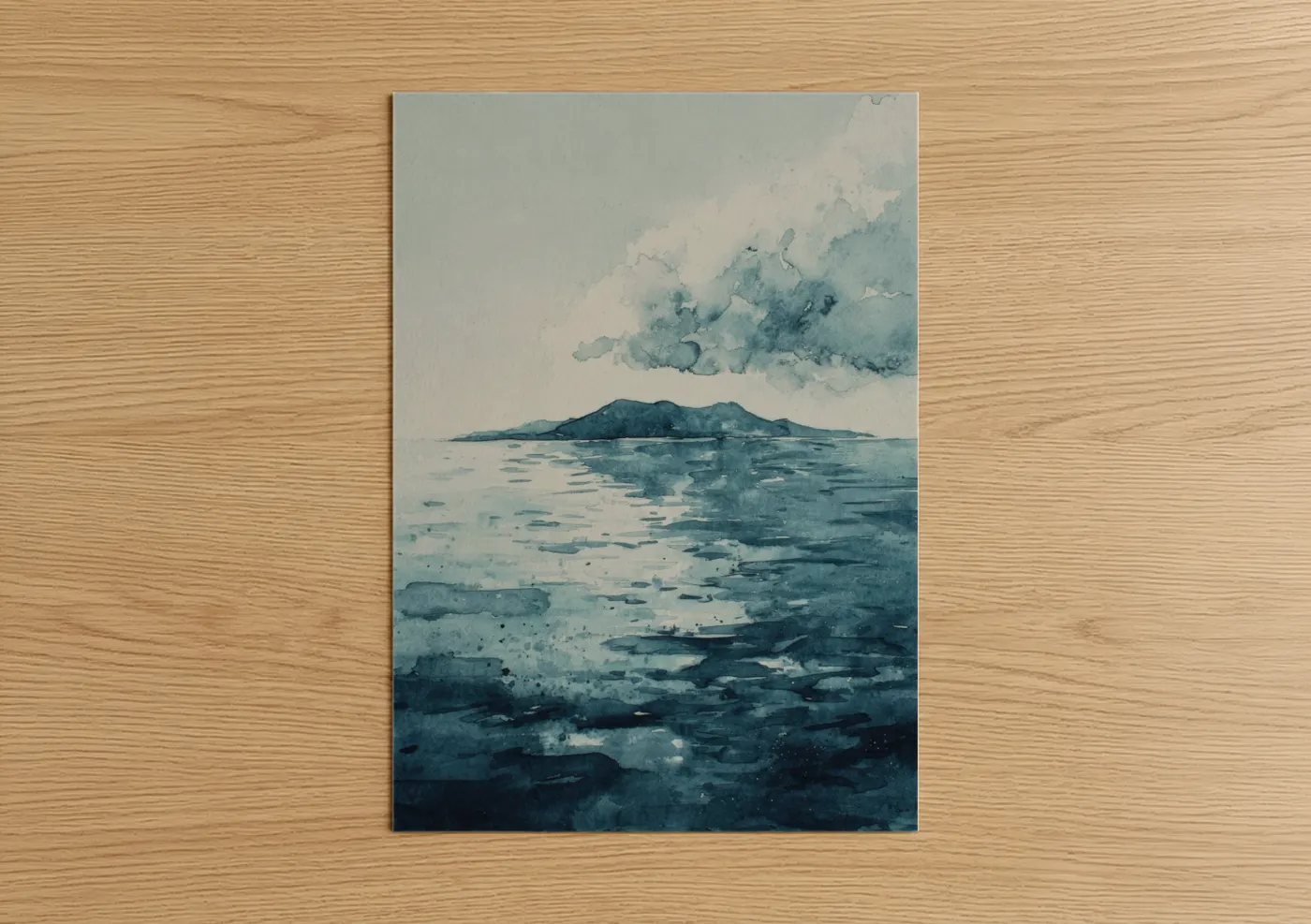 Seascapes and ocean art print on warm oak wood — blue and white and gray palette — Misty Island Seascape poster