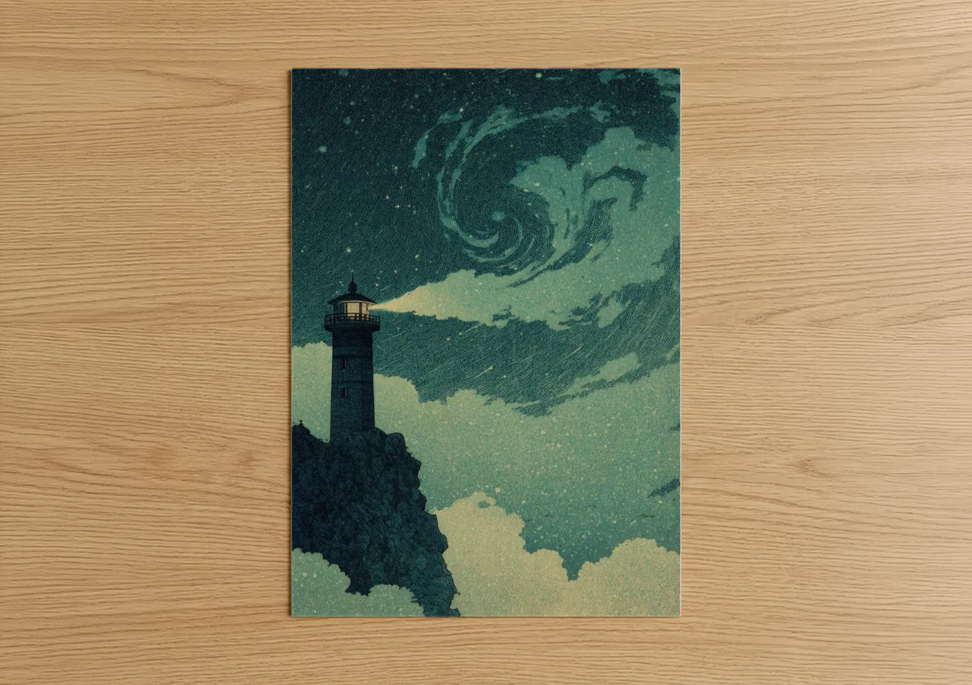 Fairytale art print on warm oak wood — teal and cream palette — Lighthouse Reverie poster