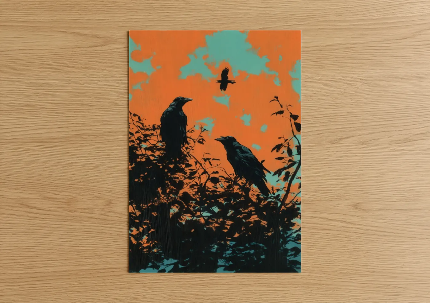 Crows and ravens art print on warm oak wood — orange and teal palette — Sunset Ravens poster