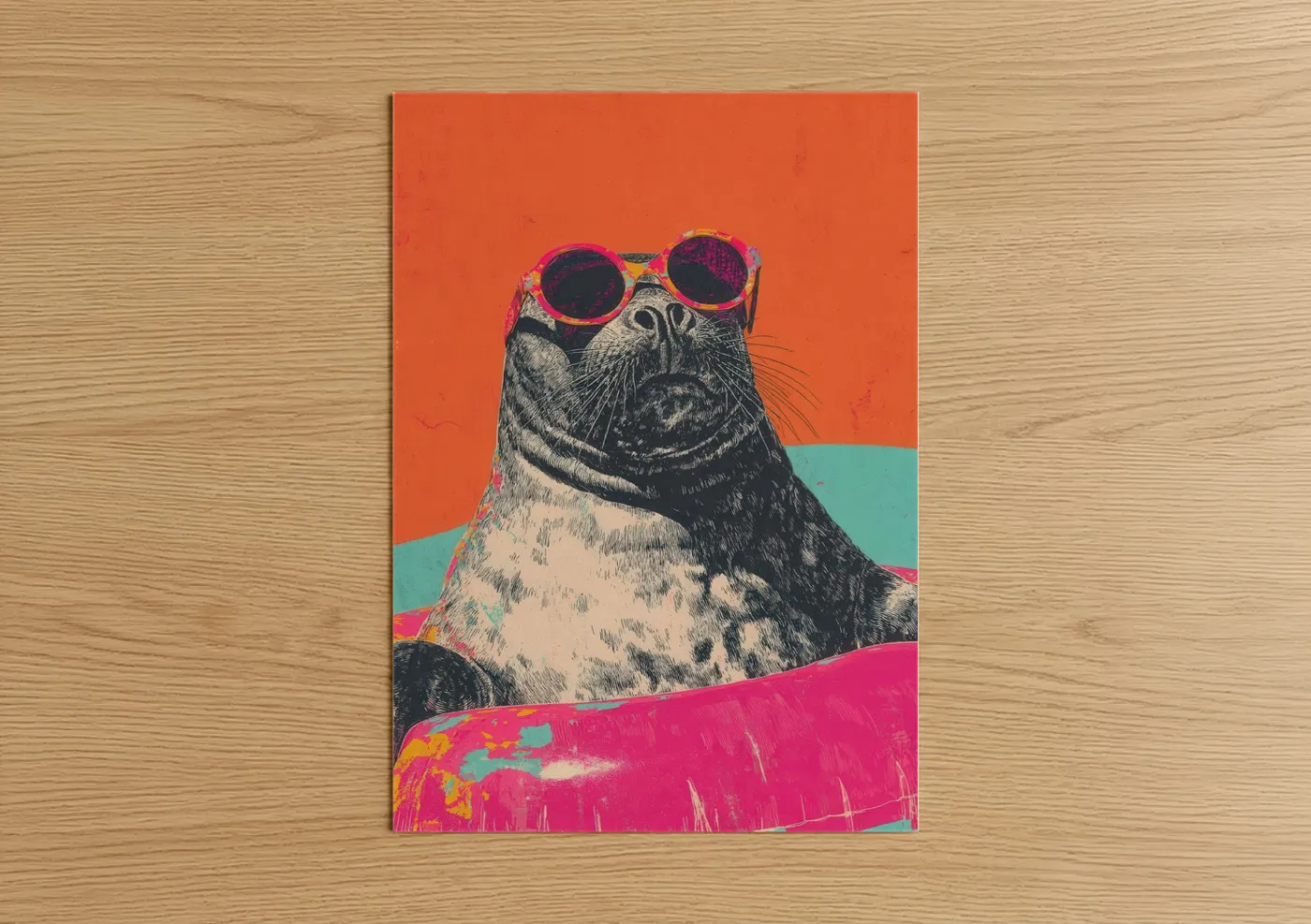 Art print on warm oak wood — orange and magenta palette — Cool Seal Vibes poster