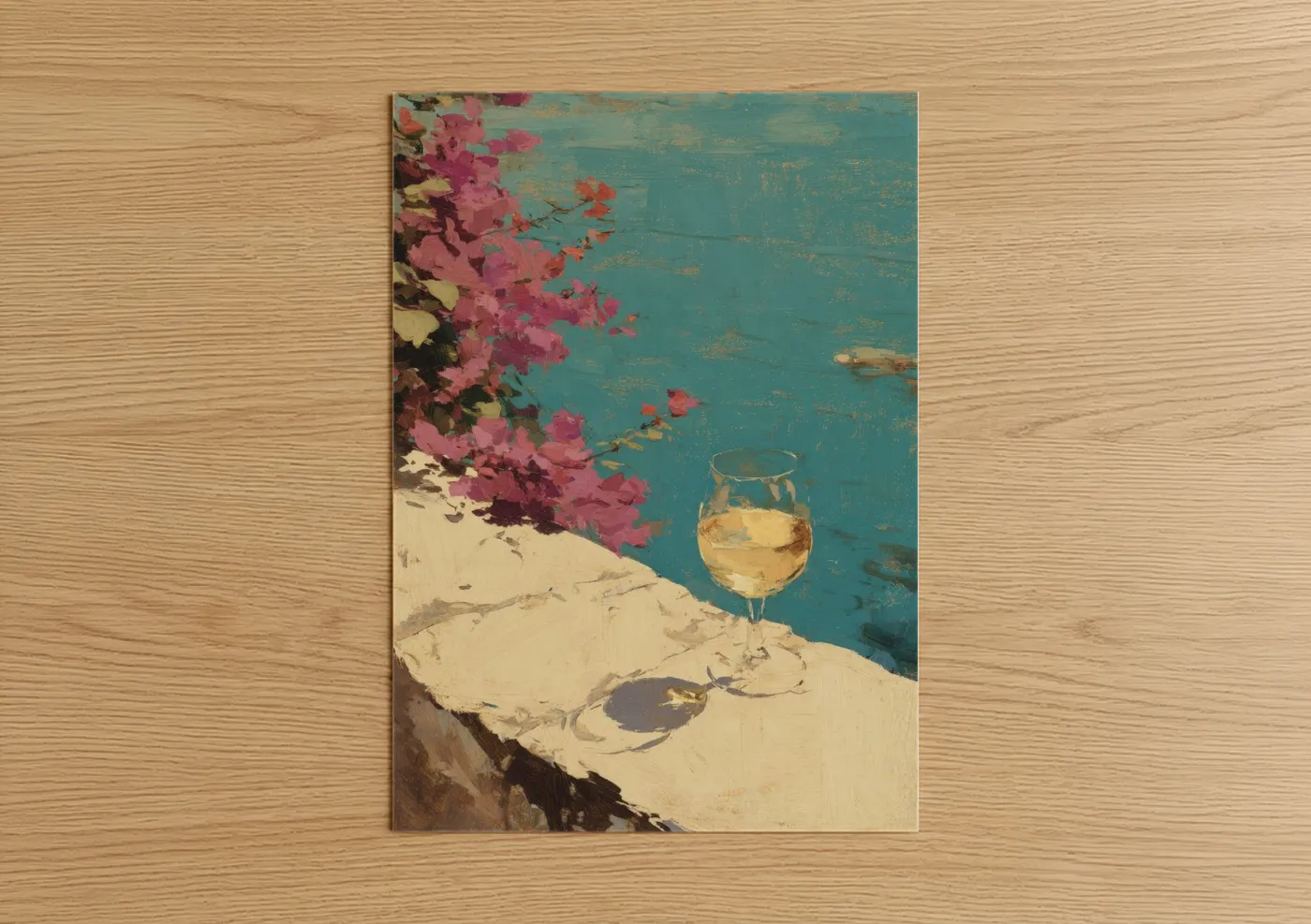White wine art print on warm oak wood — teal and cream palette — Coastal Wine Moment poster