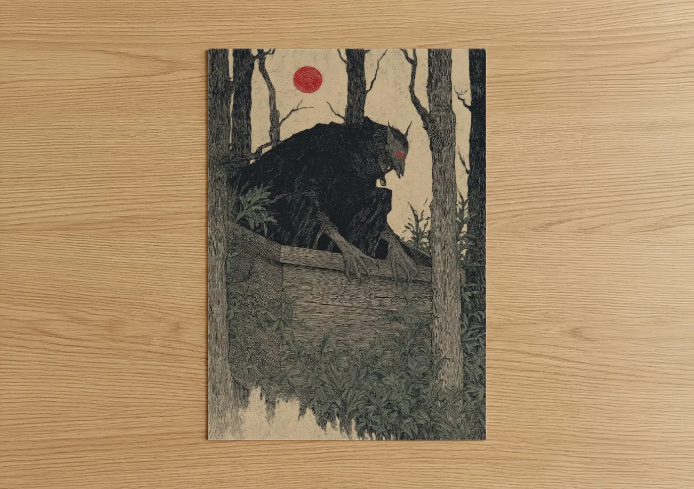 Art print on warm oak wood — black and white and red palette — Forest Vampire poster