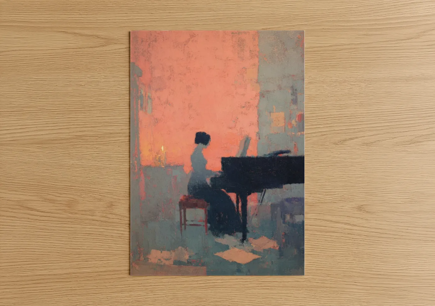 Piano art print on warm oak wood — peach and gold palette — Sunset Pianist poster