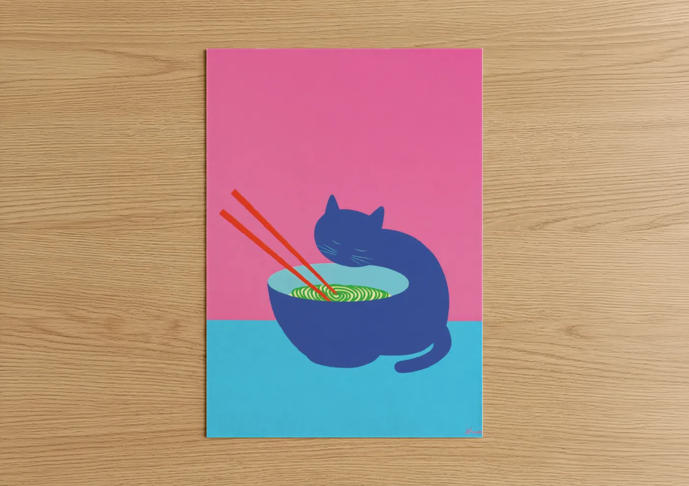 Art print on warm oak wood — pink and blue palette — Noodle Cat poster