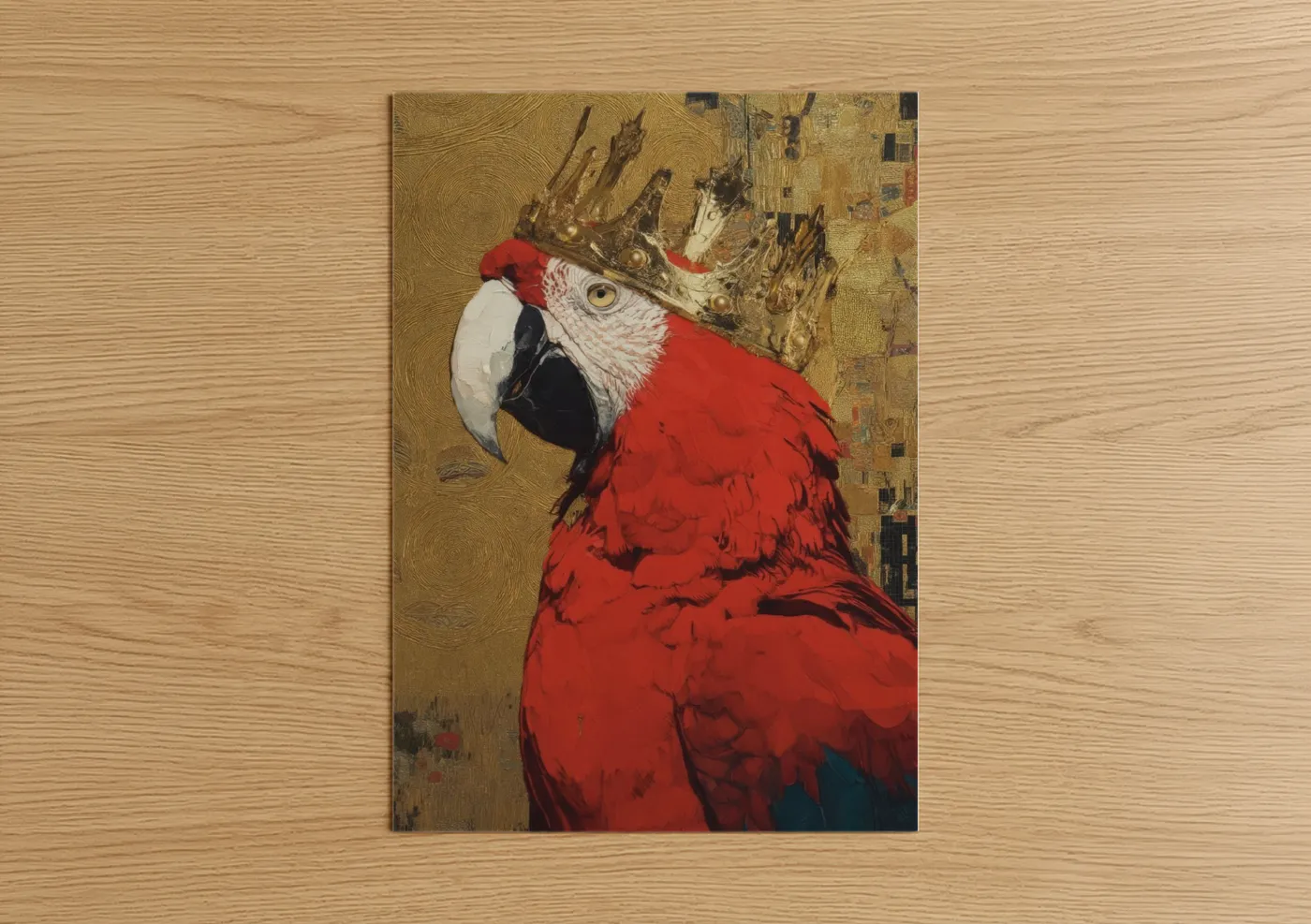Art print on warm oak wood — red and gold palette — Scarlet Macaw Portrait poster