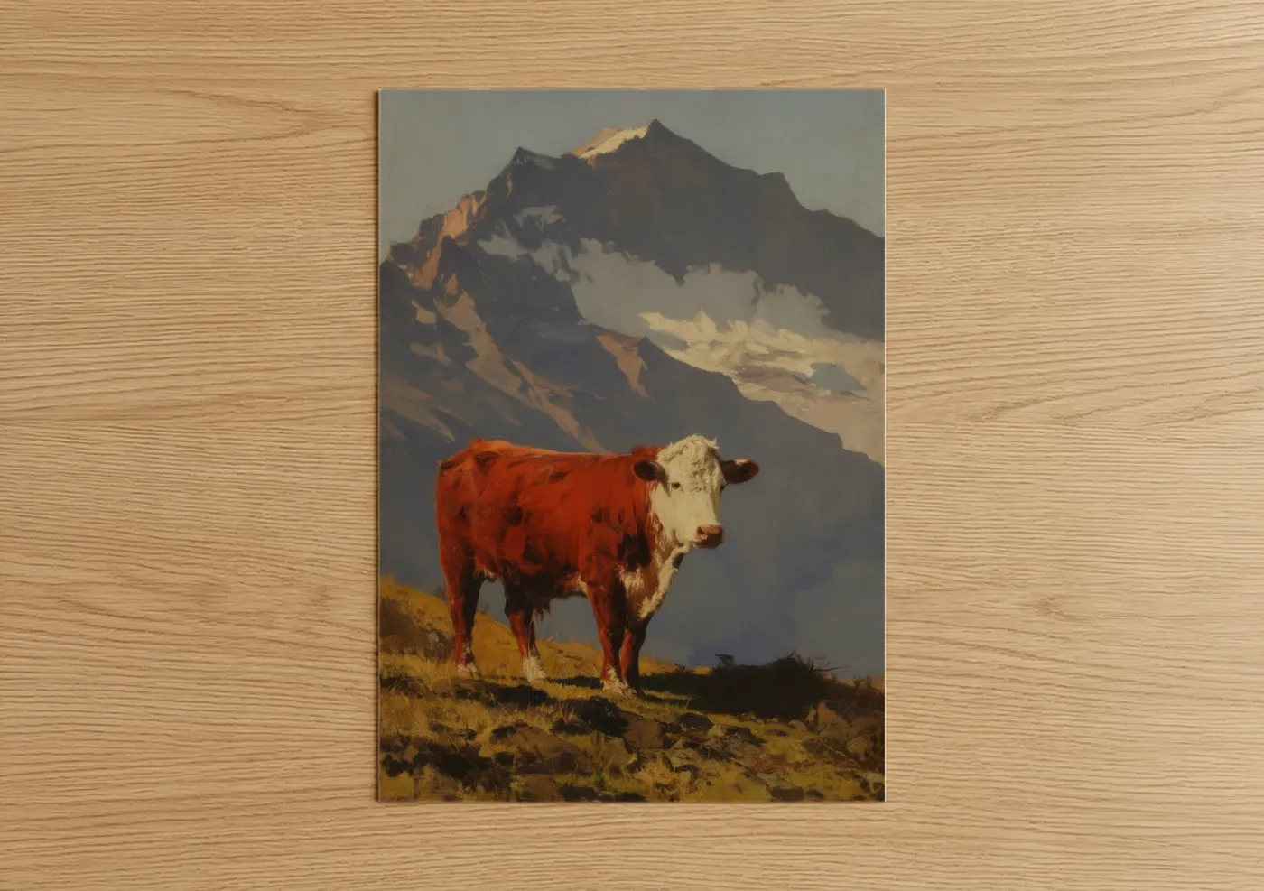 Hereford Cow Alpine Mountain Landscape Wall Art
