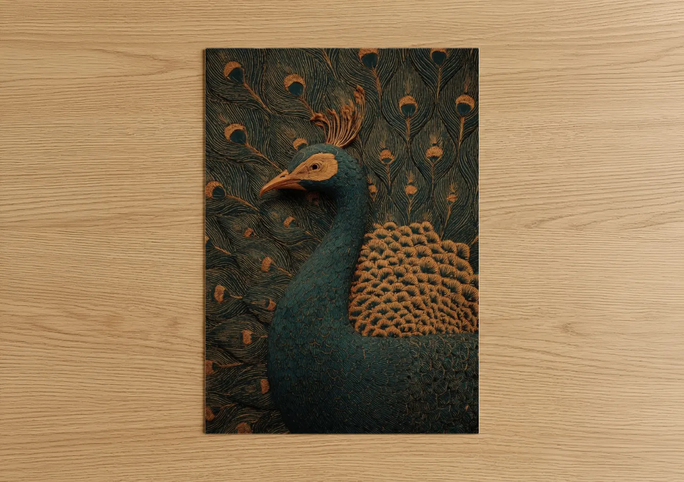 Teal Peacock Woodcarving Wall Art