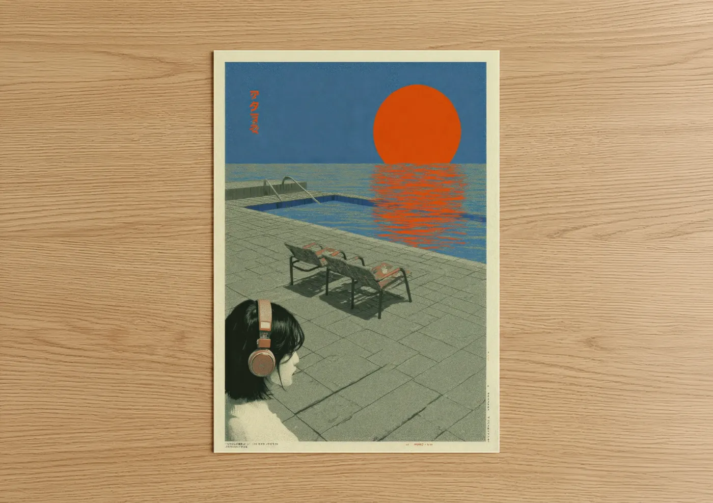 Japanese y2k art print on warm oak wood — blue and orange palette — Poolside Nostalgia poster