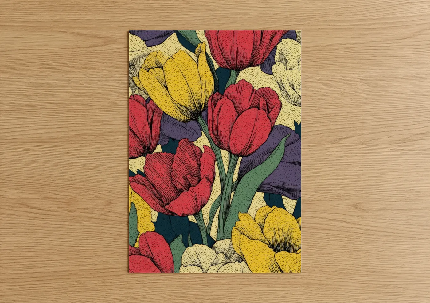 Art print on warm oak wood — red and yellow gold palette — Tulip Garden Spring poster