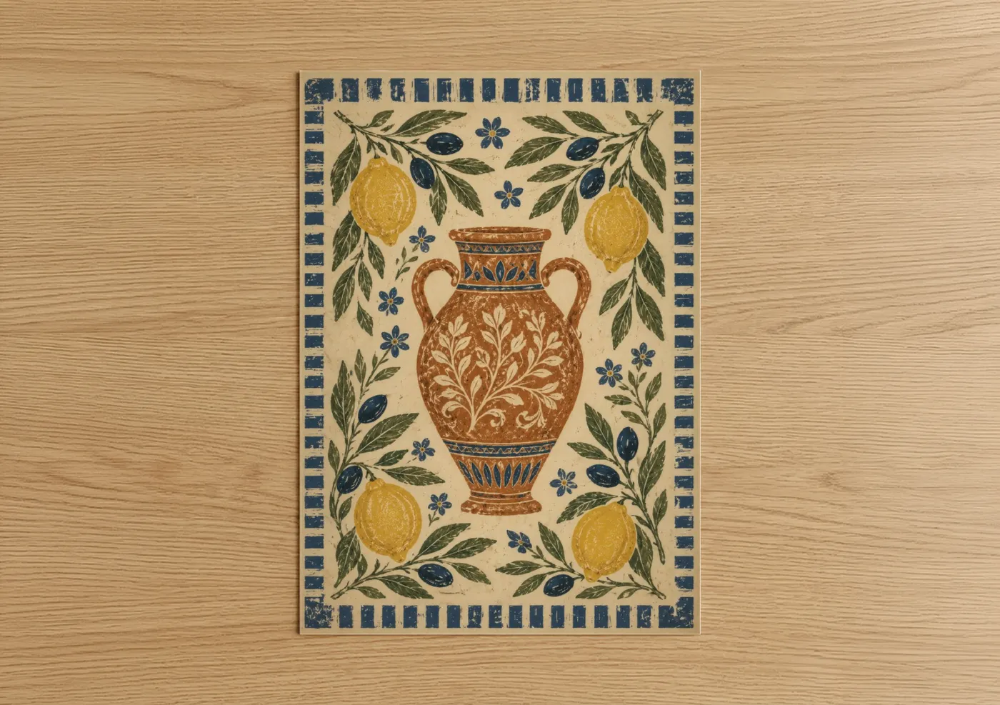 Olive tree art print on warm oak wood — beige and olive palette — Mediterranean Olive And Lemon Wall Art poster