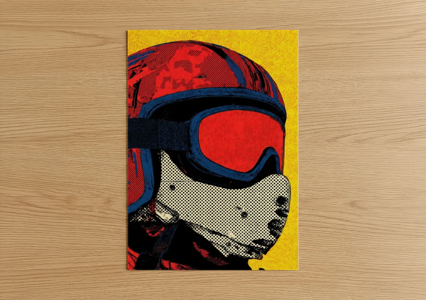 Vintage motorcycle art print on warm oak wood — red and yellow palette — Speed Racer poster