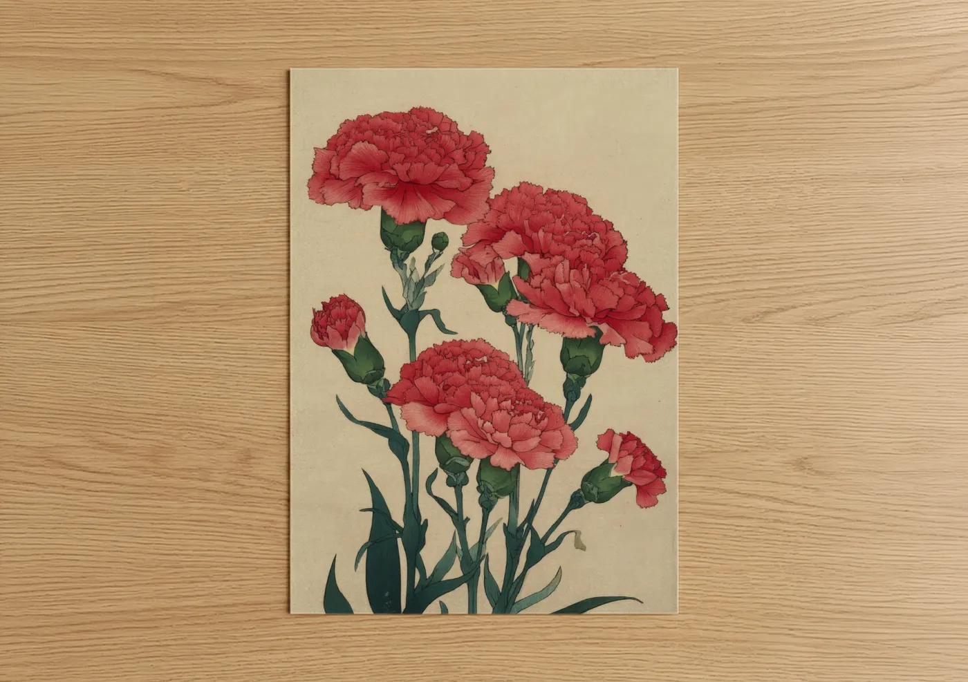 Carnations art print on warm oak wood — red and cream palette — Crimson Carnation Cluster poster