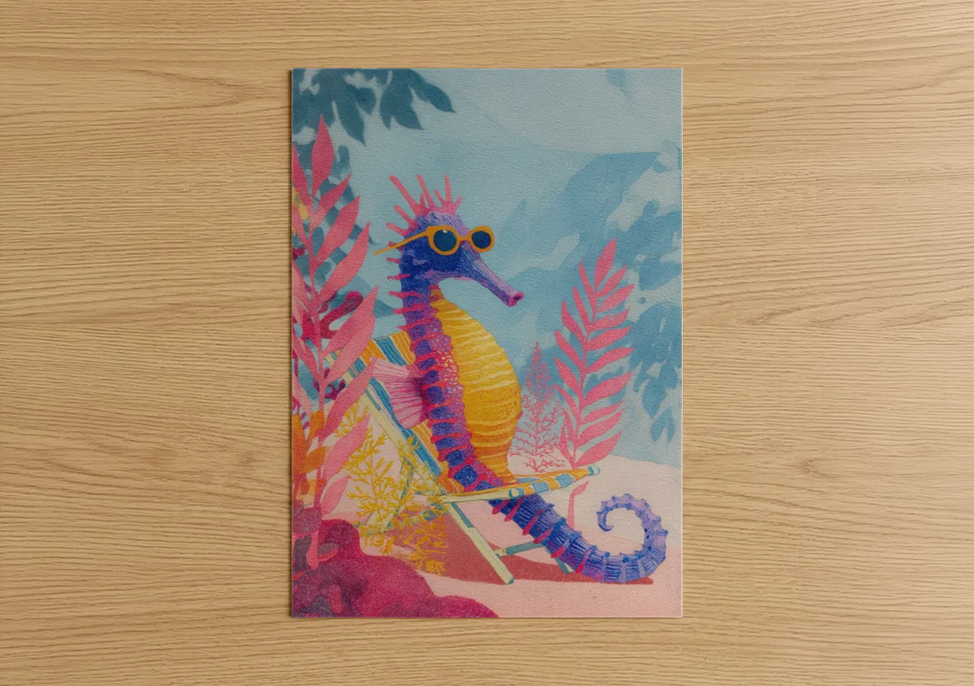 Sea horse art print on warm oak wood — blue and pink palette — Vibrant Seahorse poster