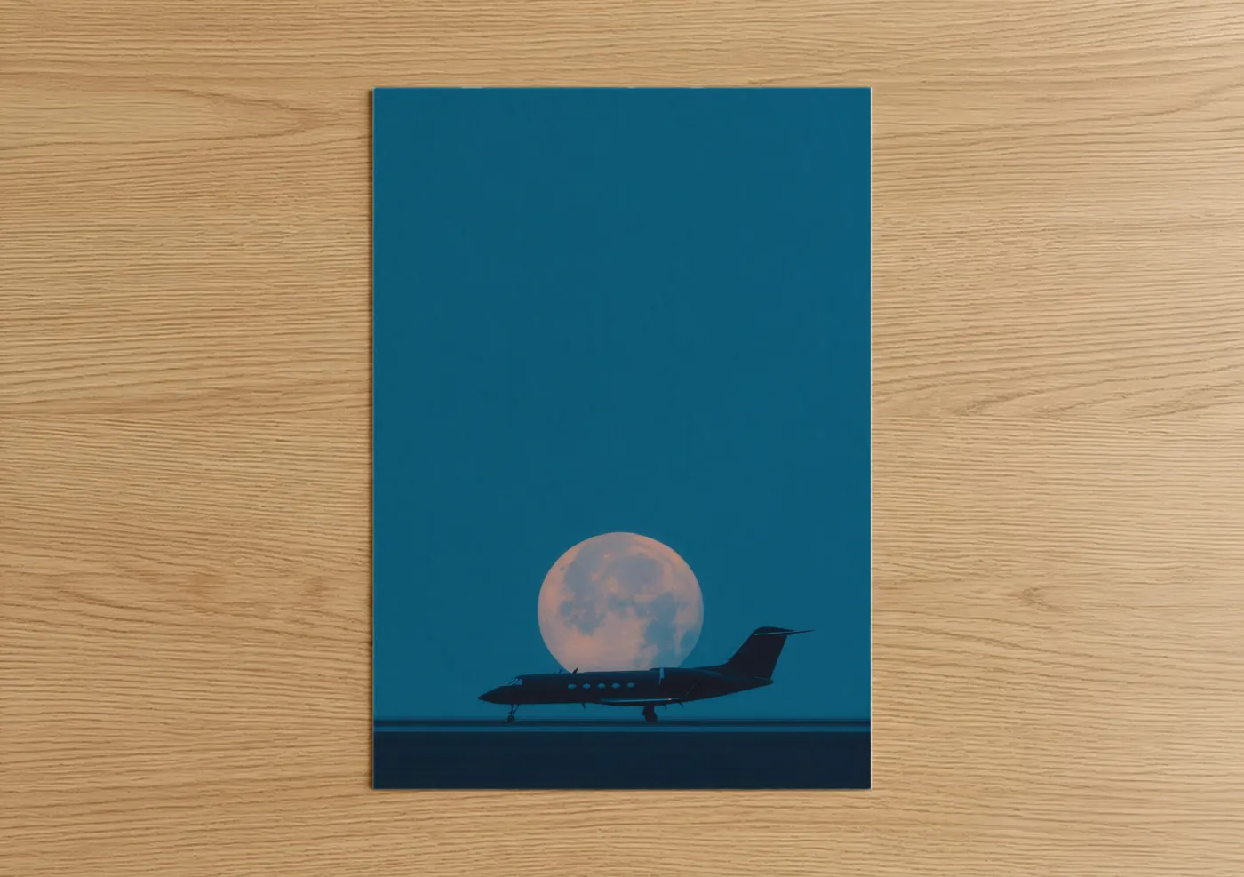 Private jet art print on warm oak wood — dark blue and blue and white palette — Moonlit Jet poster