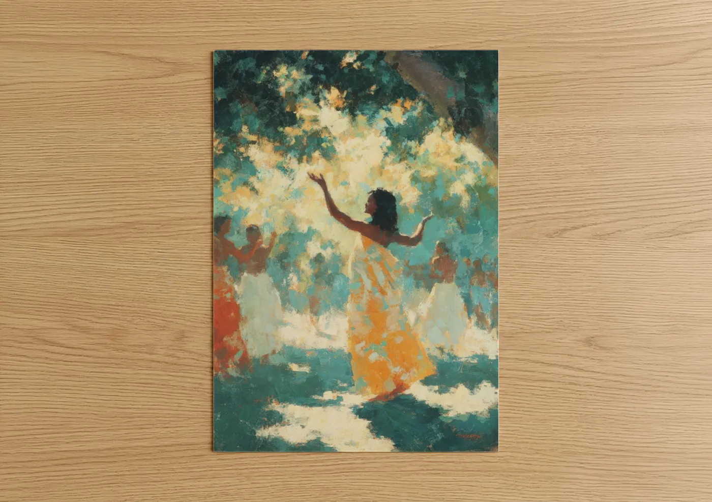 Art print on warm oak wood — teal and gold palette — Tropical Hula Dancer poster