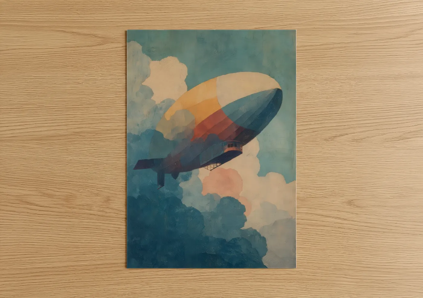 Art print on warm oak wood — teal and cream palette — Vintage Airship poster