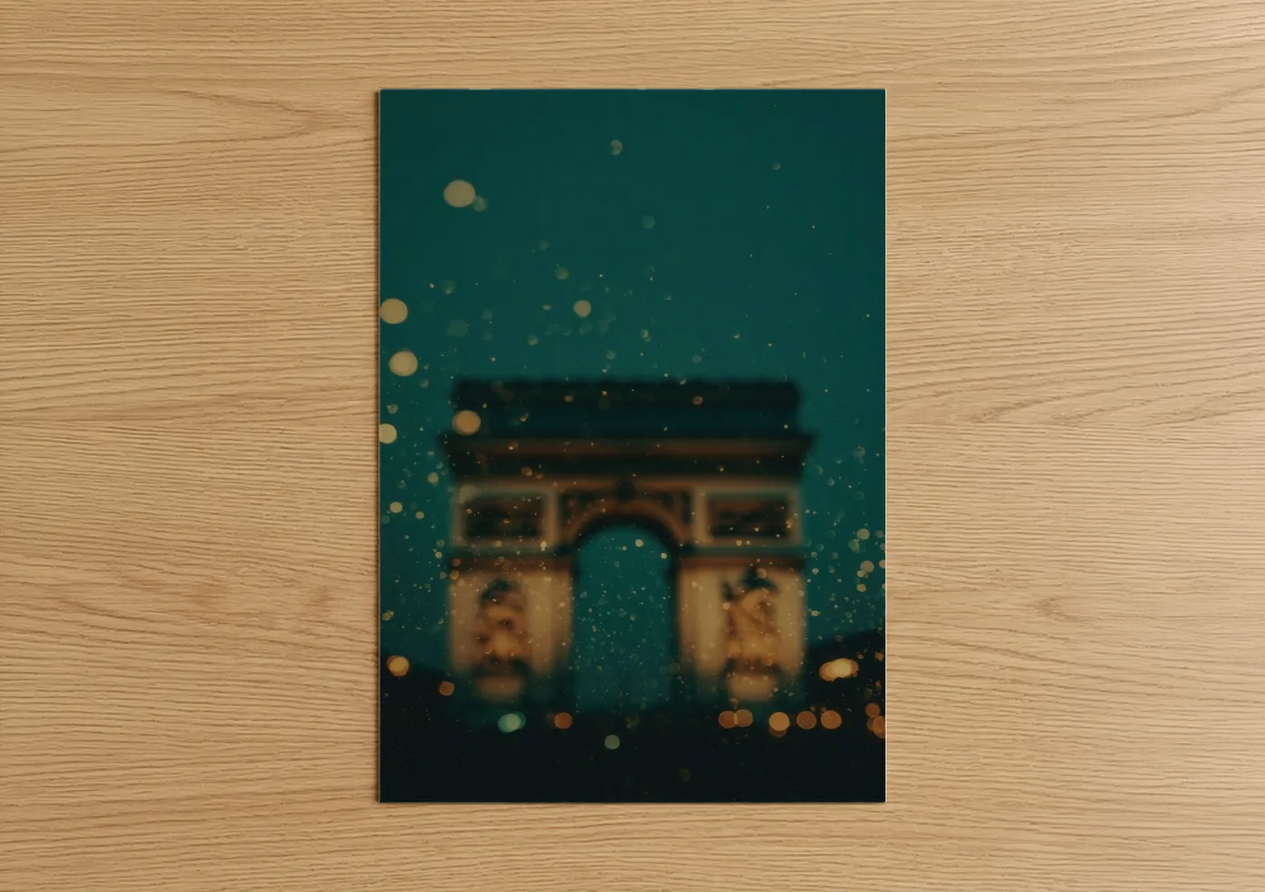 Arc de triomphe art print on warm oak wood — teal and gold palette — Parisian Arc Glow poster