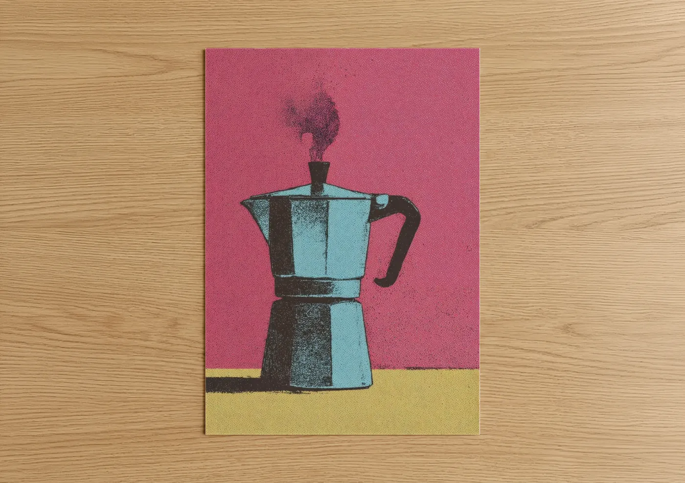 Kitchen utensils art print on warm oak wood — magenta and aquamarine palette — Retro Moka Pot poster