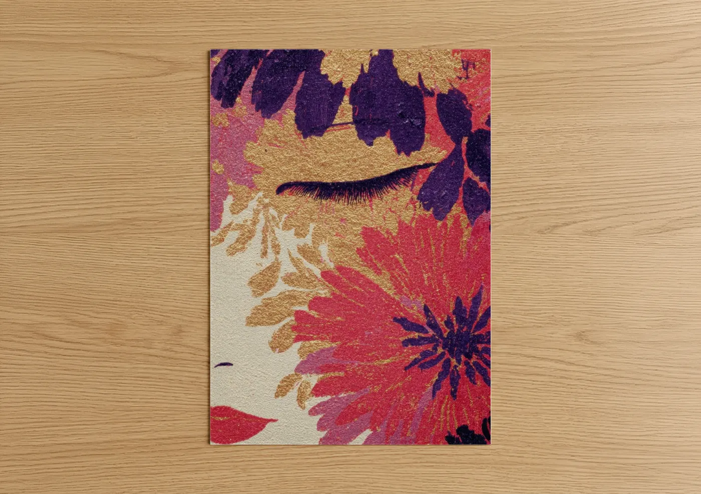Make up art print on warm oak wood — magenta and gold palette — Glamorous Lashes poster