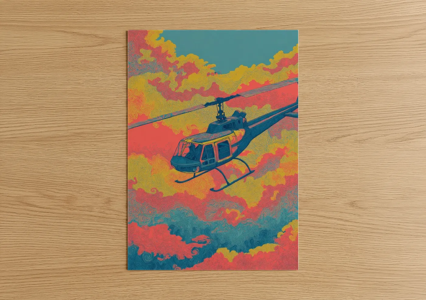 Art print on warm oak wood — gold and salmon pink palette — Sunset Helicopter poster