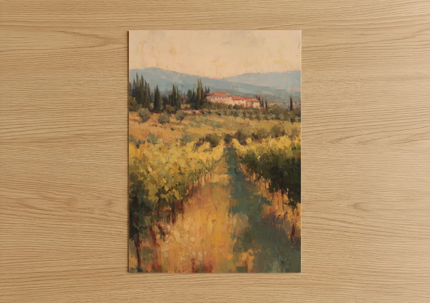 Vineyards art print on warm oak wood — gold and sage green palette — Tuscan Vineyard poster