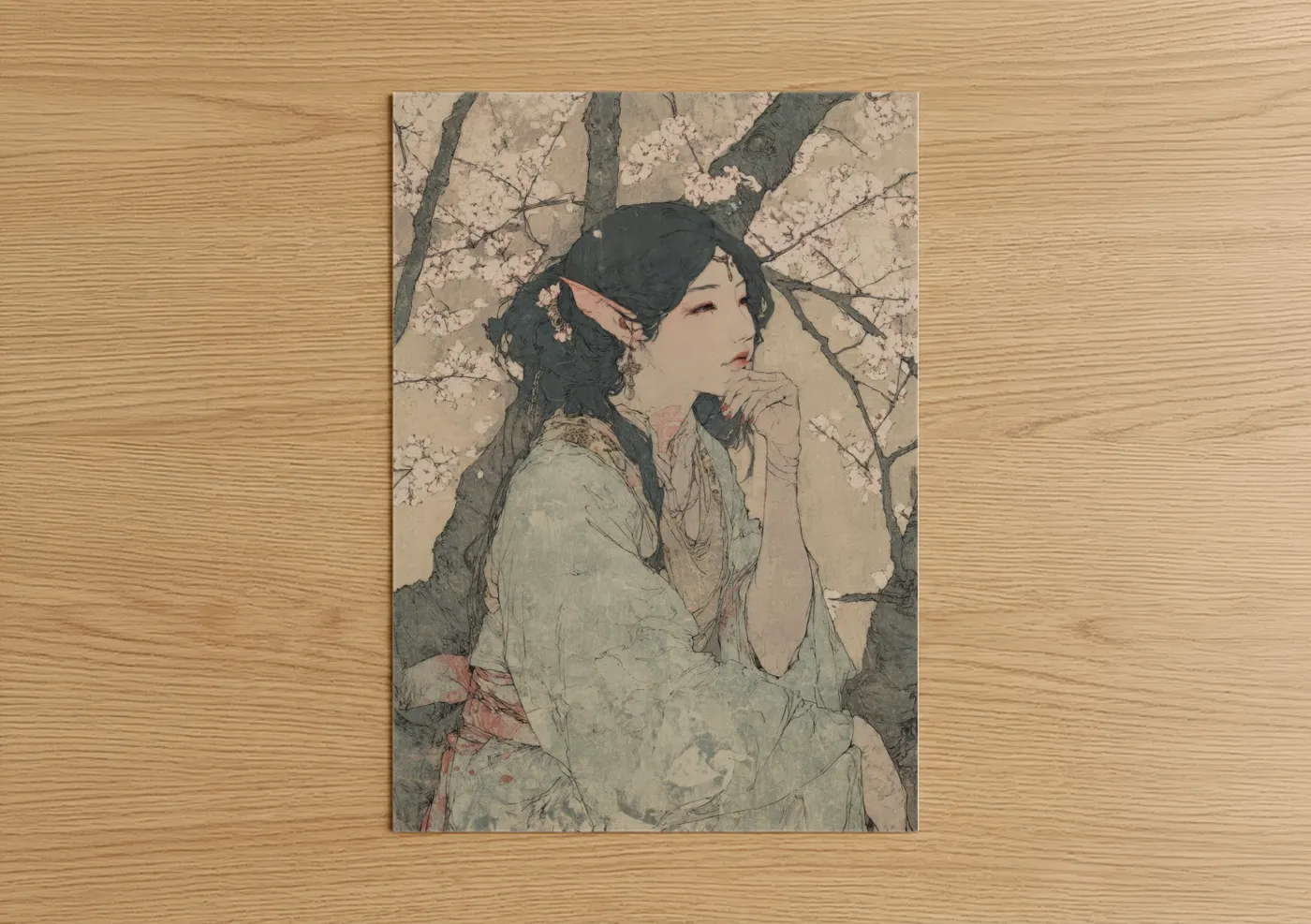 Art print on warm oak wood — cream and sage green palette — Cherry Blossom Elf poster