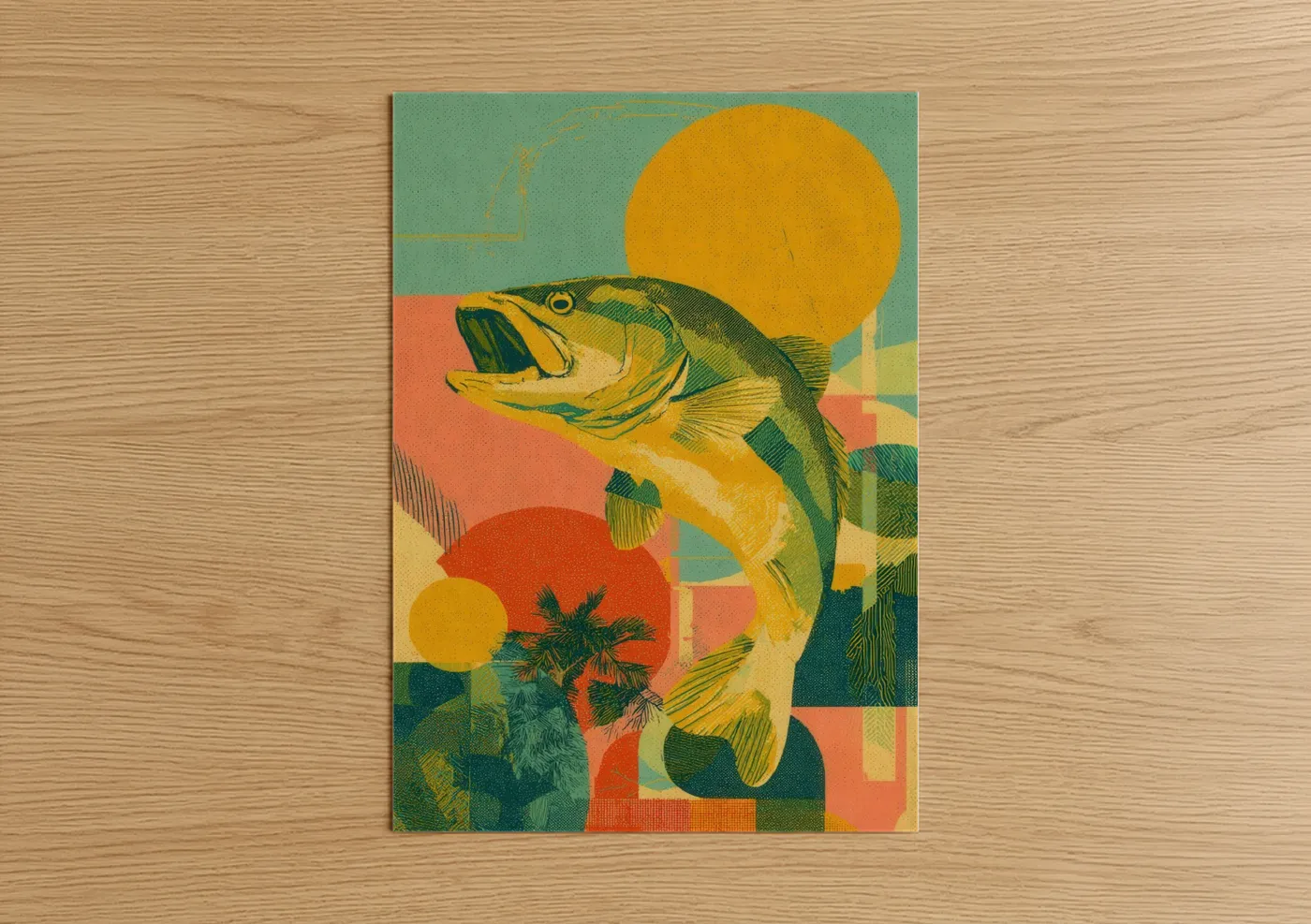 Art print on warm oak wood — gold and teal palette — Golden Snook poster