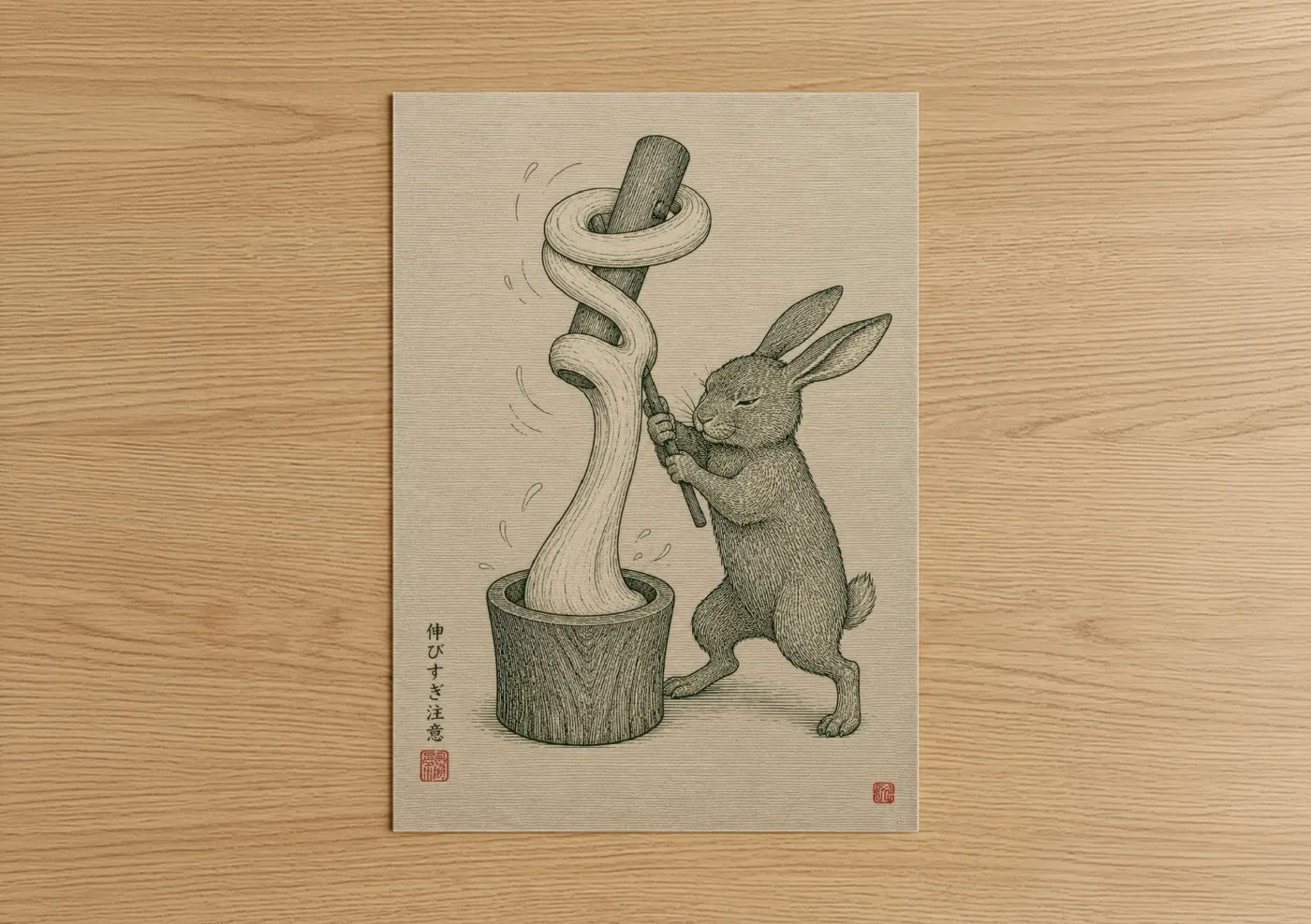 Art print on warm oak wood — beige and cream palette — Japanese Rabbit Mochi Pounding Wall Art poster