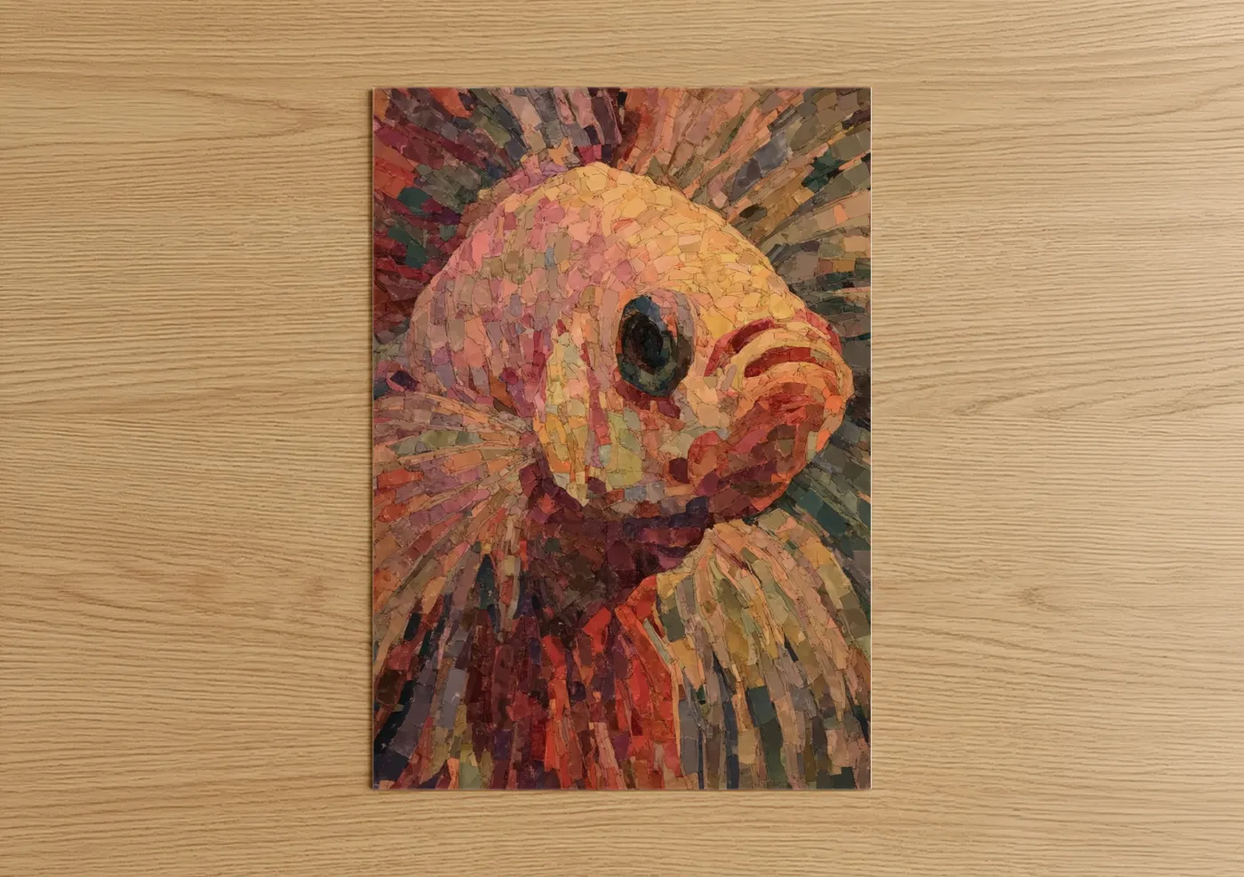 Art print on warm oak wood — orange and red palette — Crimson Betta Fish poster