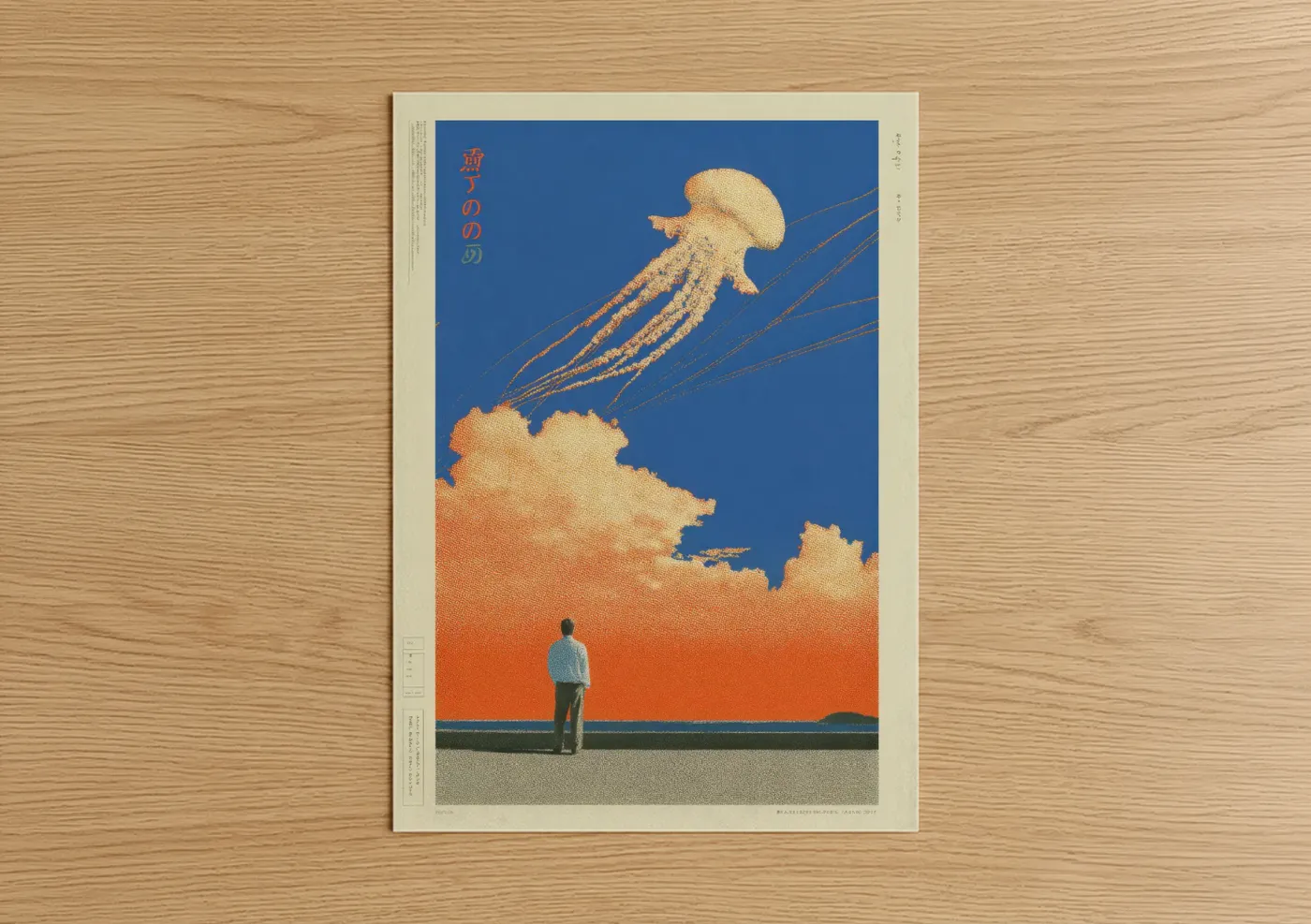 Japanese y2k art print on warm oak wood — royal blue and gold palette — Jellyfish Sky poster
