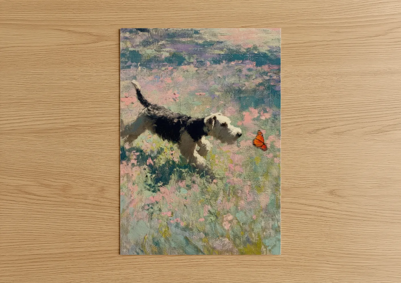 Art print on warm oak wood — pink and light green palette — Wildflower Terrier poster