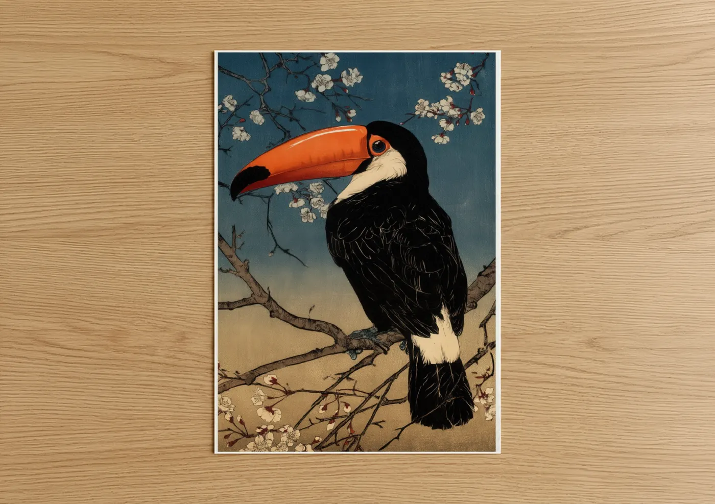 Black Toucan Orange Beak Floral Branch Wall Art